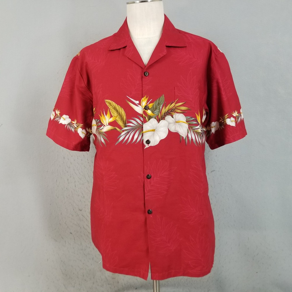 Pacific Legend Shirt Mens L Red Floral Hibiscus Bird of Paradise Hawaiian Cotton